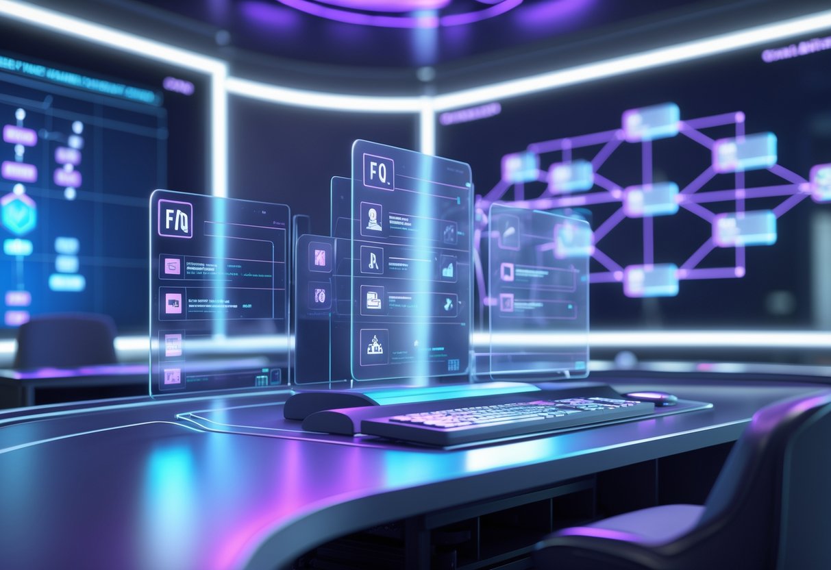 A futuristic digital control room with floating holographic panels showing tournament management elements and a large digital map in the background.