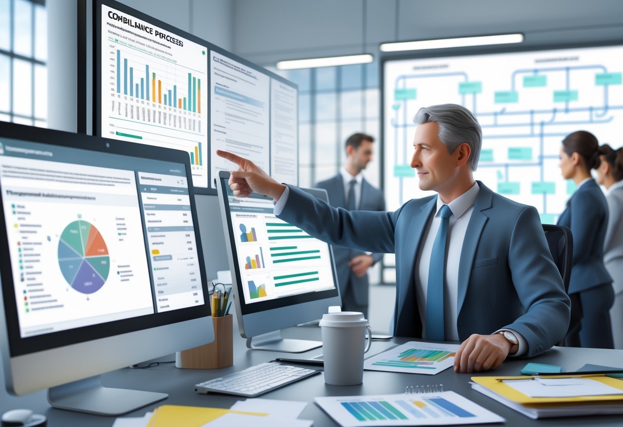 A manager in a modern office reviewing documents and pointing at a digital screen showing compliance flowcharts, with team members collaborating nearby.