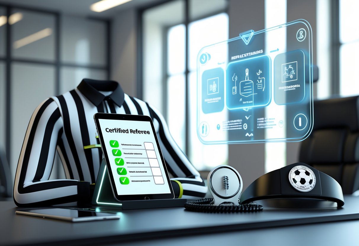 A modern office desk with a digital checklist, referee uniform, and a holographic screen showing icons related to referee certification.