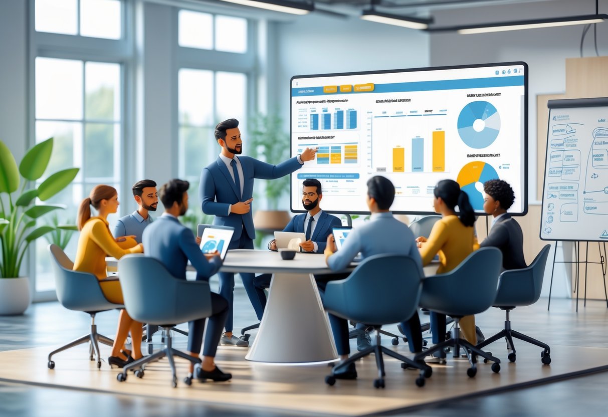 A team manager leading a group of new recruits in a bright office, with a digital screen and whiteboard showing recruitment and onboarding materials.