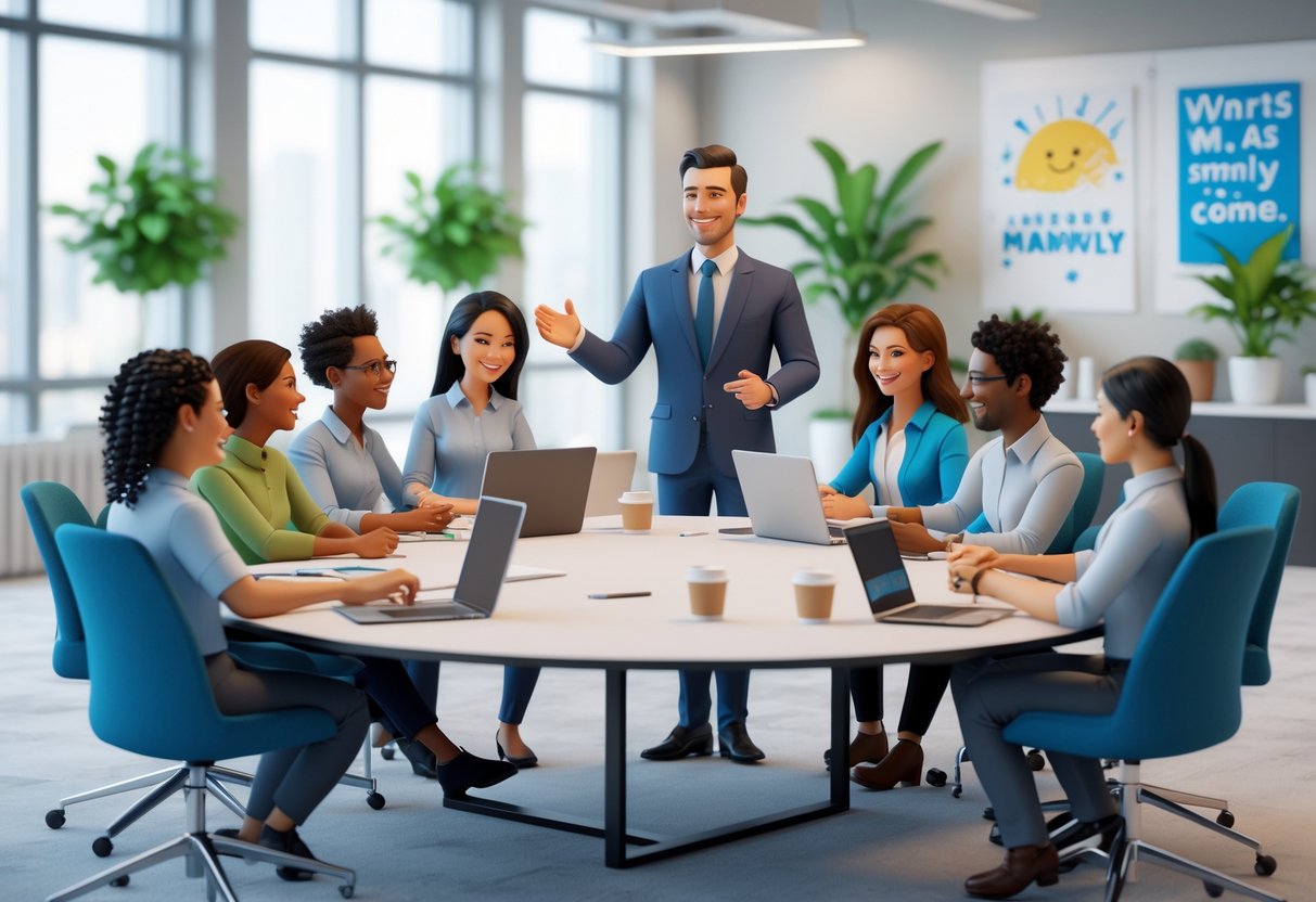 A team manager encouraging a diverse group of employees collaborating around a table in a bright, modern office.