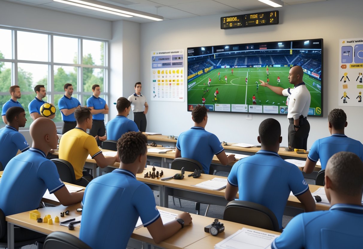 A group of referees in uniforms attending a training session in a bright classroom with an instructor showing sports rules on a digital screen.
