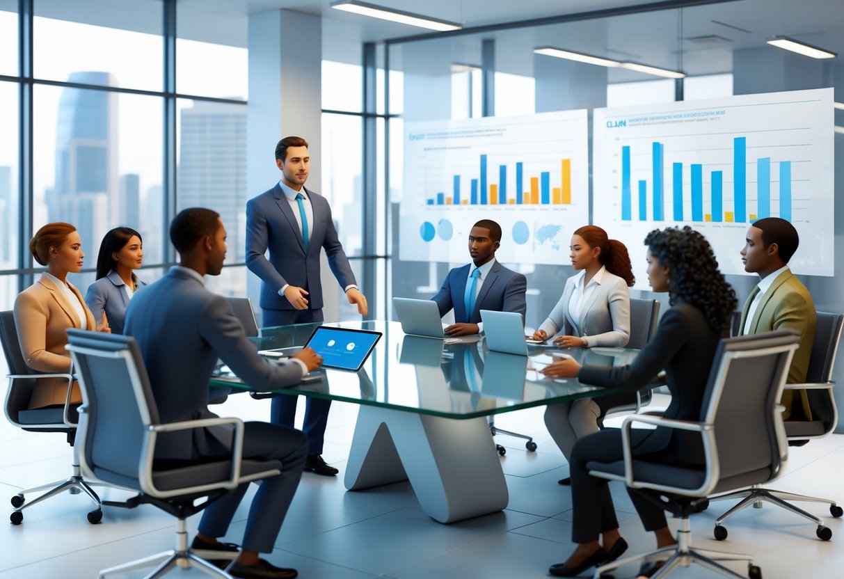 A management team collaborating around a conference table with the team manager leading the discussion in a modern office.