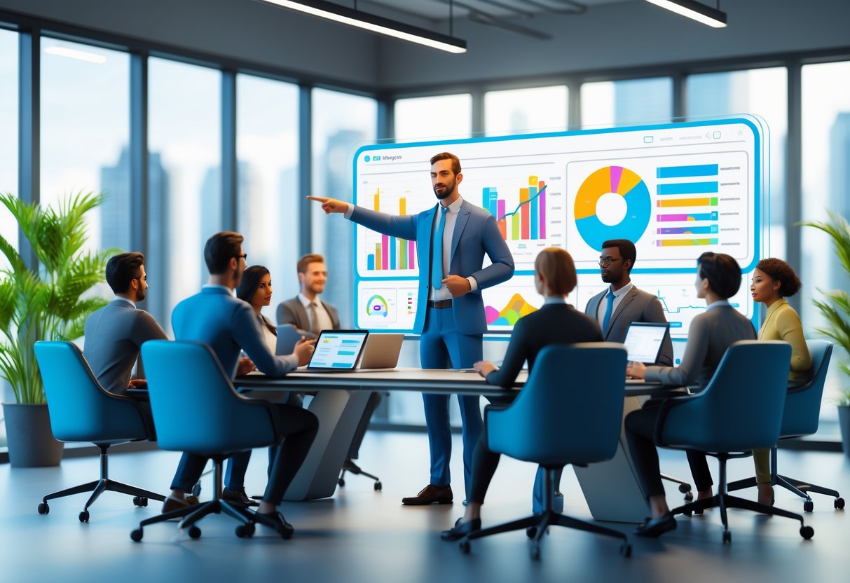 A team manager leading a meeting with team members around a conference table, discussing performance data on a digital screen in a bright office.