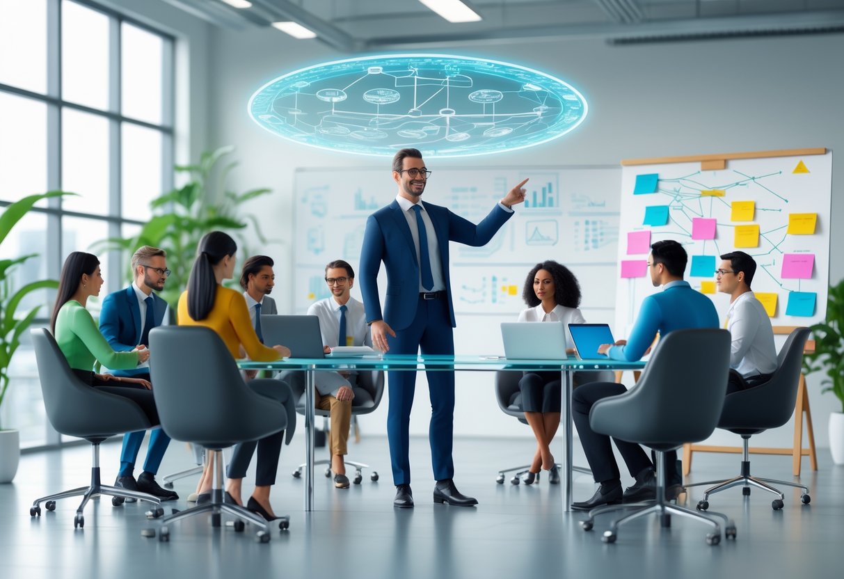 A manager leading a team discussion around a table with digital charts and diagrams in a bright office.