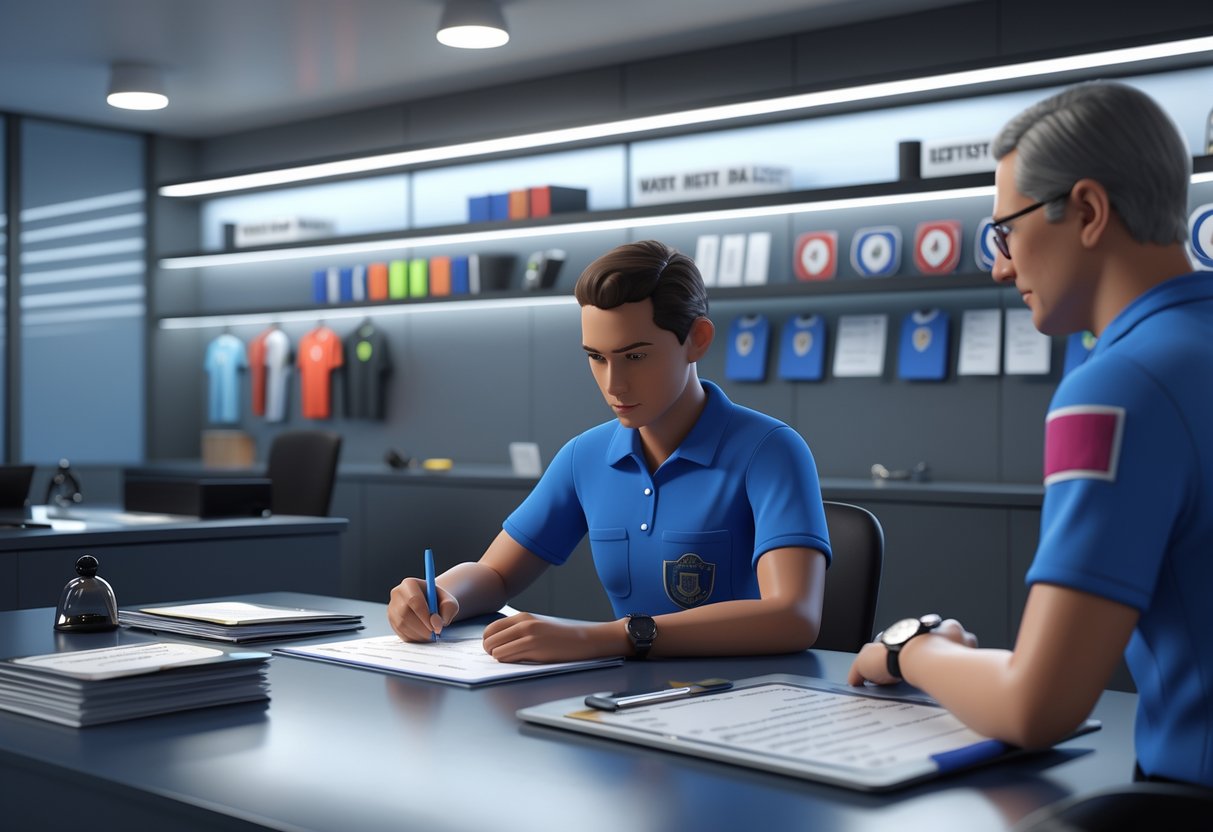A referee candidate taking an exam at a desk while an official referee observes in a testing room with certification materials and referee equipment on shelves.