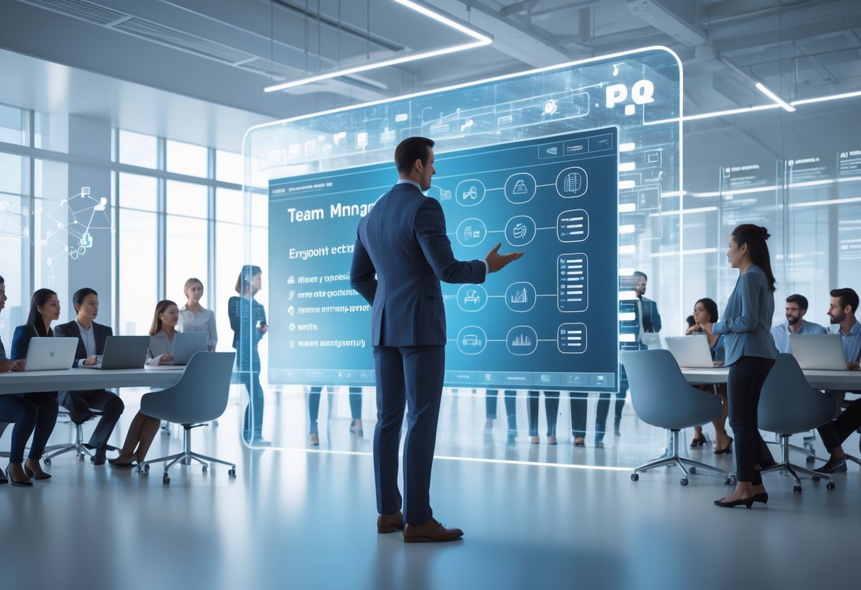 A team manager standing in front of a large digital screen with a flowchart, surrounded by team members working and discussing in a modern office.