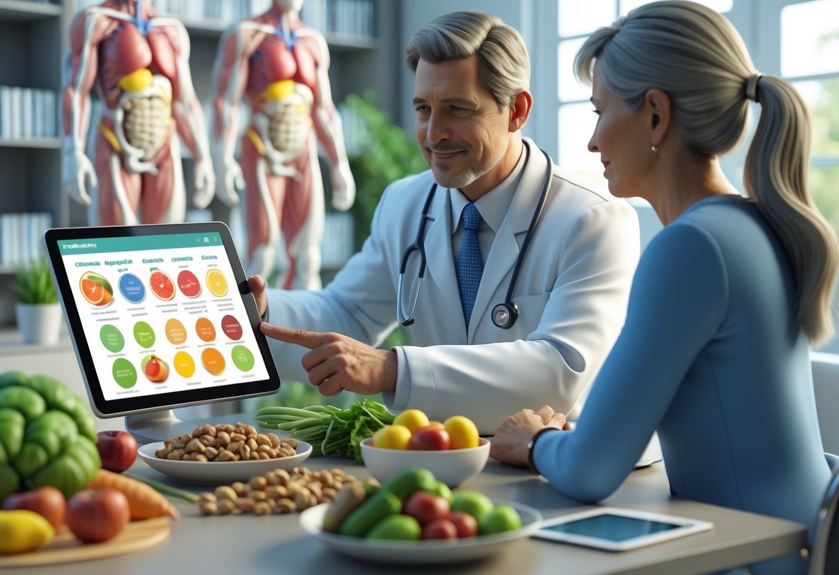 A nutritionist consulting a patient in a clinic with healthy foods and medical models visible.