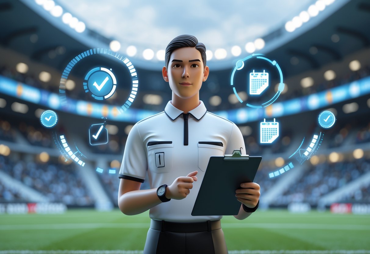 A referee in a sports stadium holding a whistle and clipboard with digital certification icons floating above, surrounded by progress symbols and calendar pages turning.