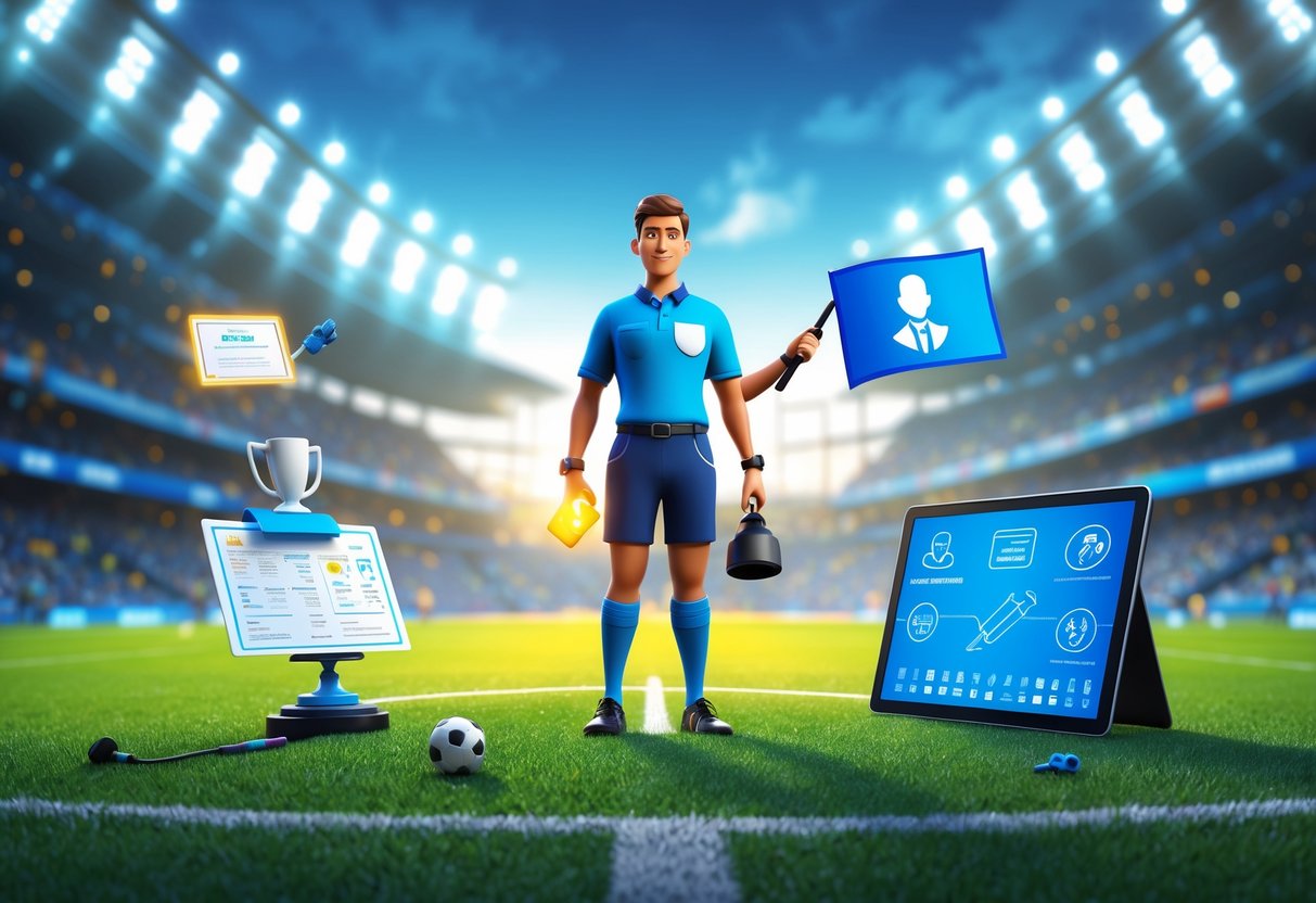 A sports referee standing on a stadium field holding a whistle and flag, with symbols of career opportunities like a certificate, trophy, handshake, and clipboard around them.