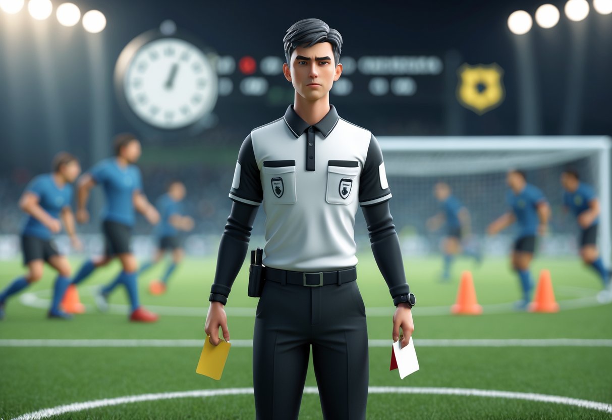 A young referee standing on a sports field holding a whistle and cards, surrounded by players and training equipment.