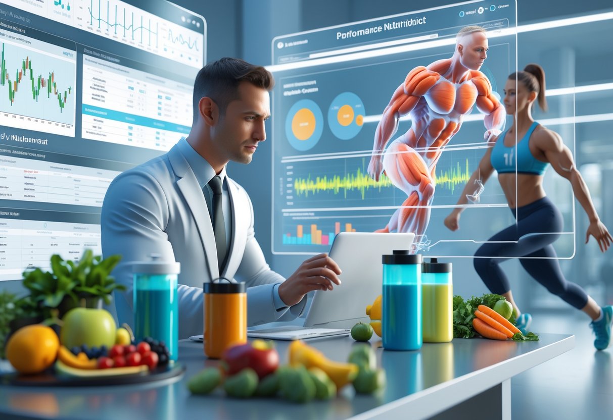 A nutritionist analysing athlete data on digital screens with sports supplements and an athlete exercising in the background.