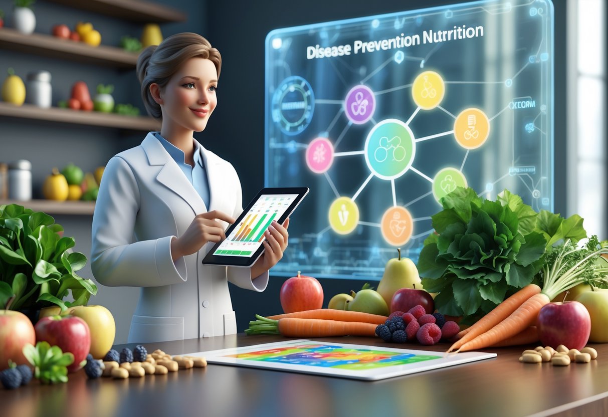 A nutritionist at a desk surrounded by fresh fruits and vegetables with a digital tablet and a holographic health display in the background.
