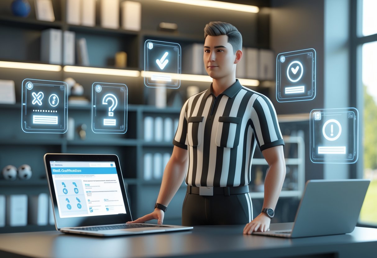 A referee in uniform stands beside a desk with a laptop and floating holographic icons representing questions and information in a sports office.
