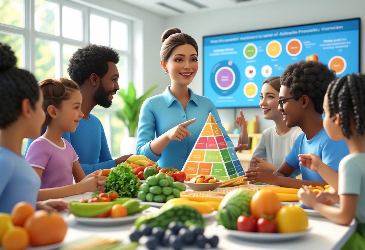 A nutritionist talking to a diverse group of people around a table with fresh fruits and vegetables, promoting healthy eating choices.
