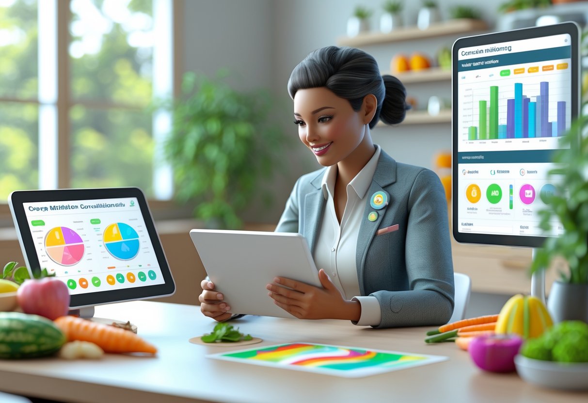 A nutritionist consulting with a client in a bright room, reviewing health data on a tablet surrounded by healthy food models and a digital progress display.
