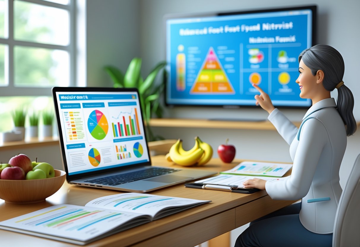 A nutritionist's consultation room with a desk displaying charts, fresh fruits, books, and a nutritionist talking to a patient beside a screen showing a food pyramid.
