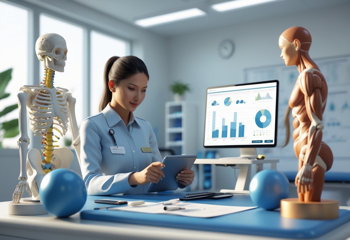 A physiotherapist in a clinic reviewing patient data on a tablet, surrounded by medical equipment and anatomical models, with a treatment area in the background.