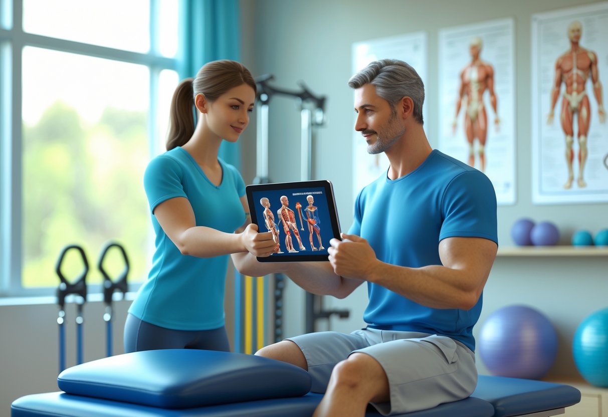 A physiotherapist demonstrating exercises to a patient using a digital tablet in a clinical room with medical equipment.