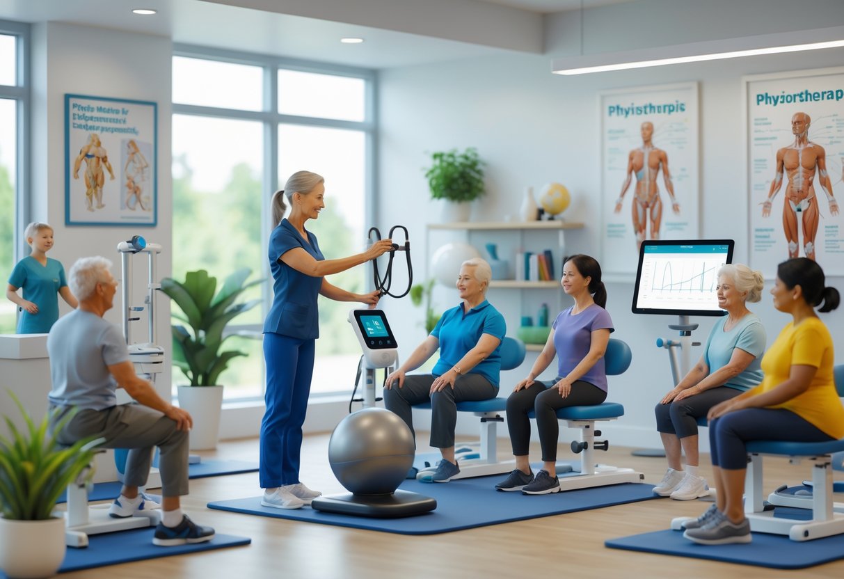 A physiotherapist working with diverse patients in a bright clinic using adjustable equipment and digital tools to support ongoing learning and rehabilitation.