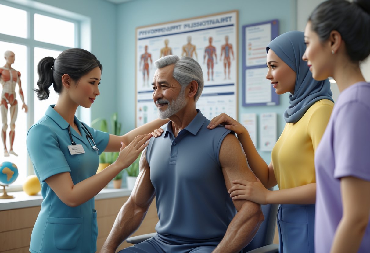 A physiotherapist helping diverse patients with exercises in a clinic, showing care and cultural understanding.