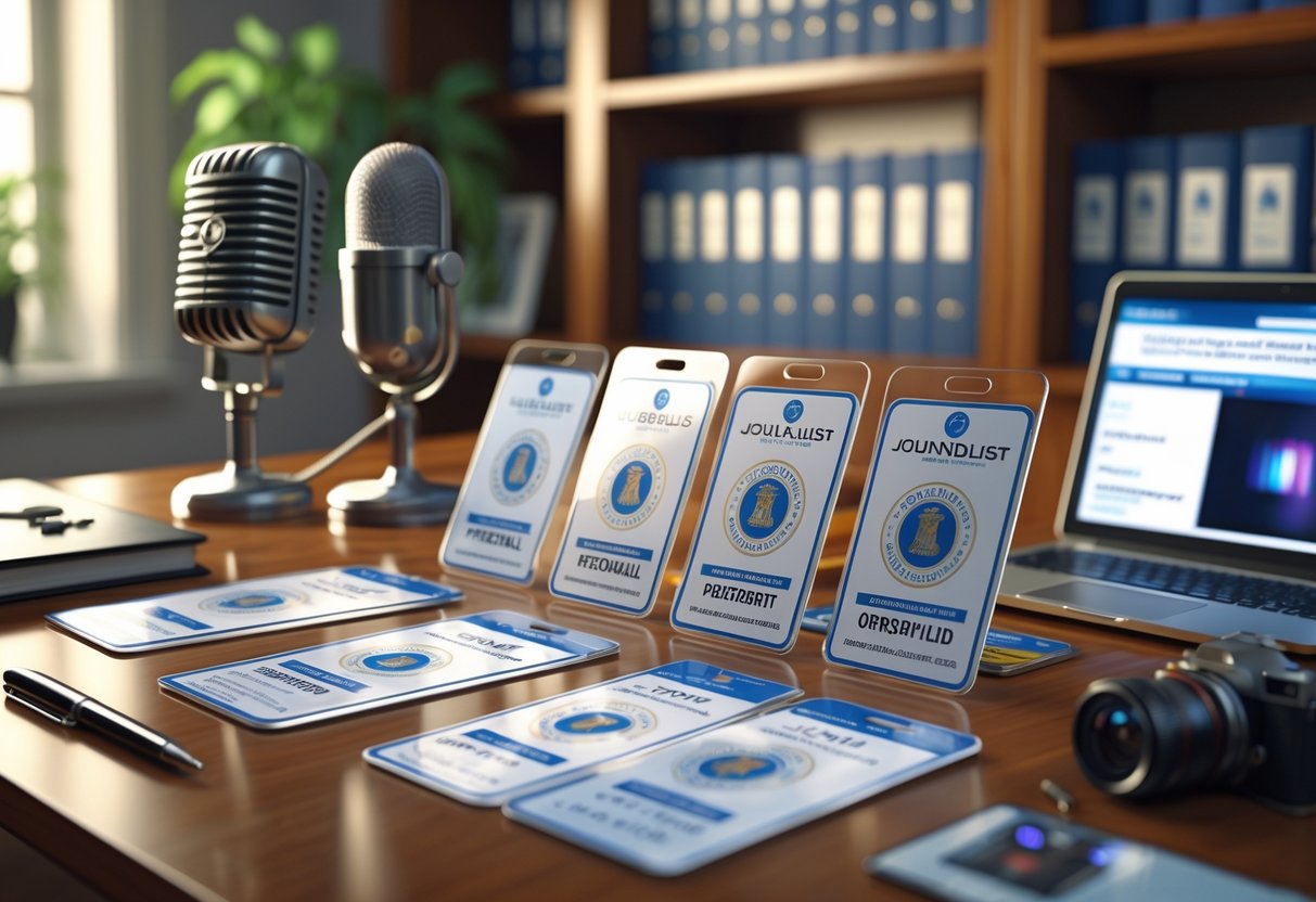 A desk with various journalist press passes and ID cards arranged alongside a microphone, notepad, camera, and laptop in a softly lit office setting.