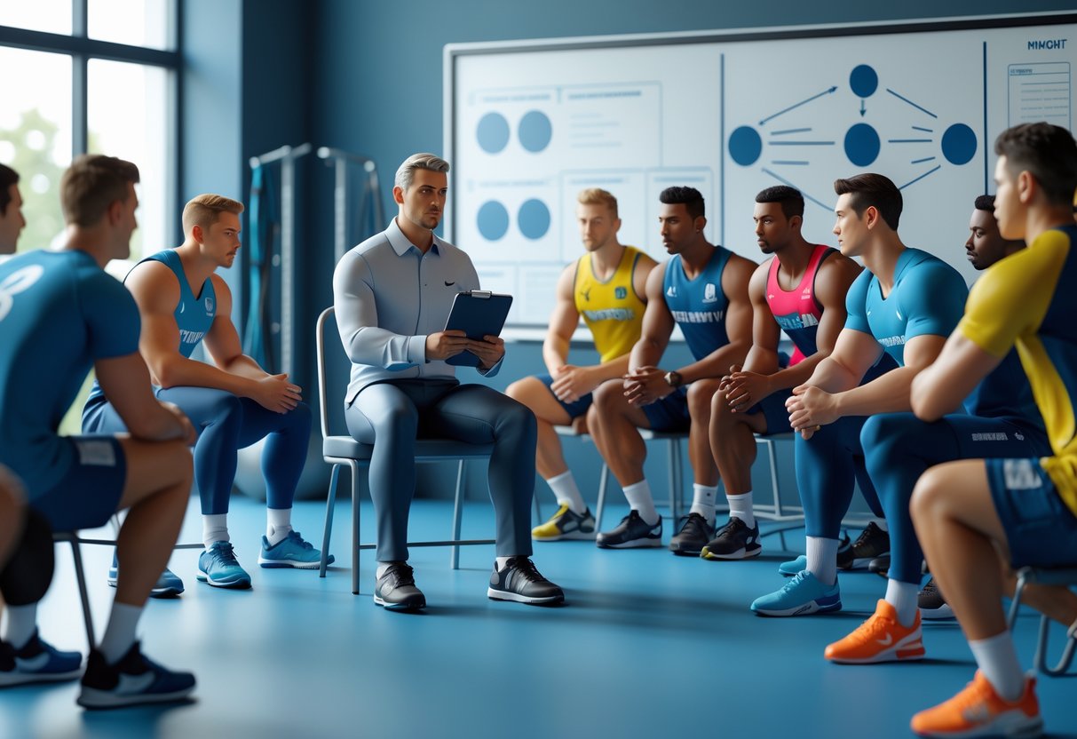 A sports psychologist talking to a group of athletes in a sports facility, with the team listening attentively.