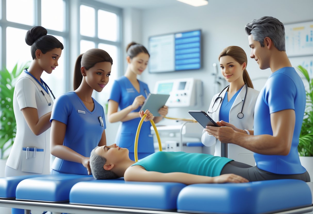 A team of healthcare professionals working together in a physiotherapy clinic, helping a patient with exercises and reviewing medical information.