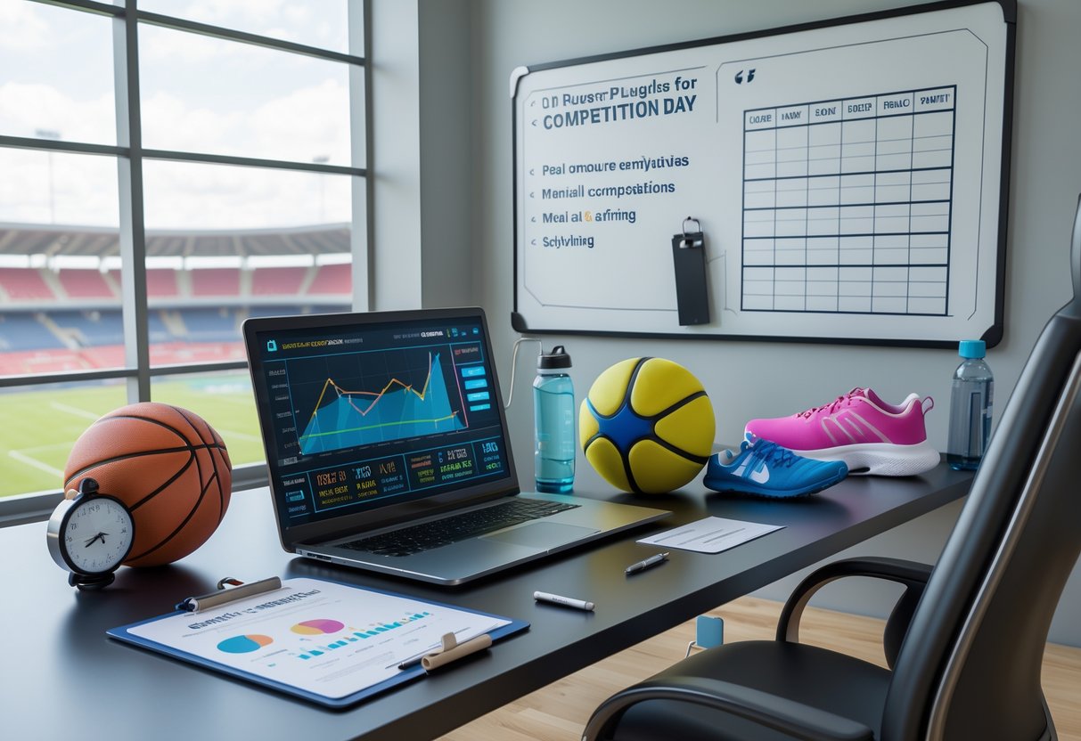 A sports psychologist's office with a laptop, clipboard, sports equipment, and a whiteboard, overlooking a stadium.