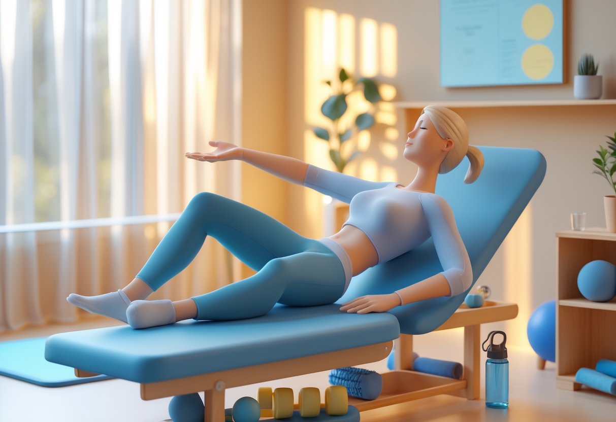 A physiotherapist taking a mindful break in a bright treatment room with therapy equipment and plants, creating a peaceful and restorative atmosphere.