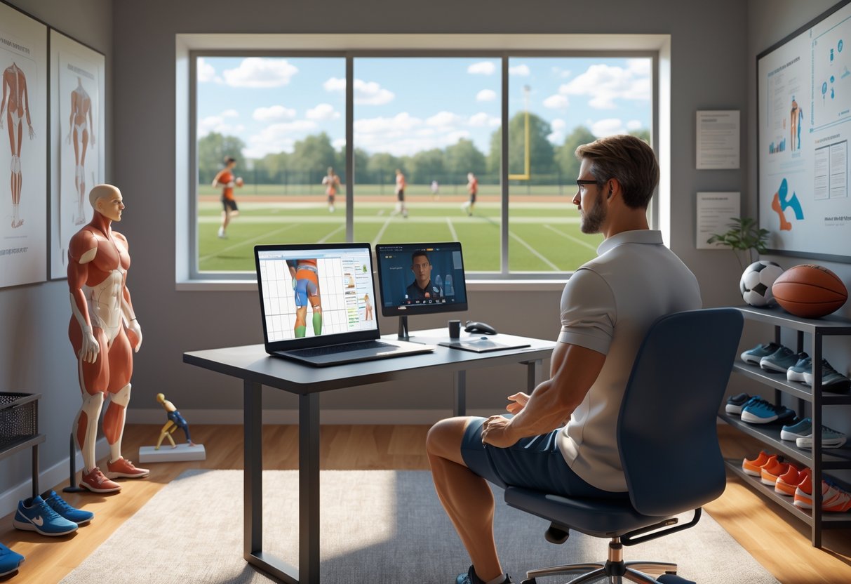 A sports psychologist in an office talking to an injured athlete on a laptop, with sports equipment and anatomical models around, and athletes training outside a window.