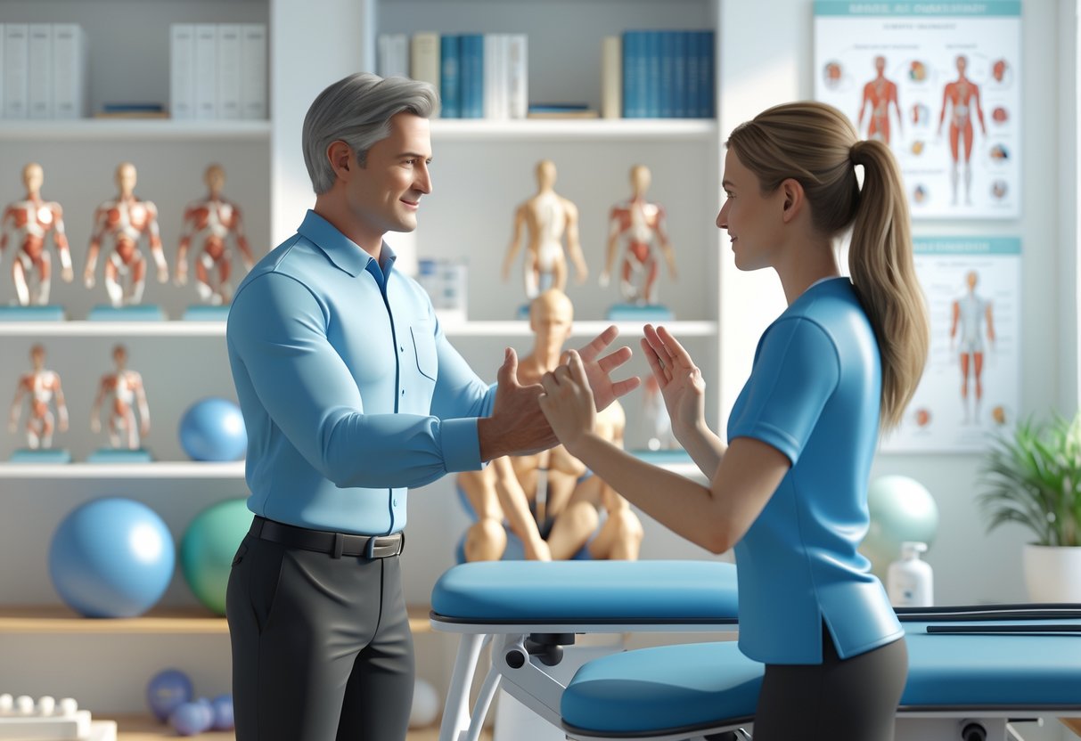A physiotherapist demonstrating exercises to a patient in a modern clinic with therapy equipment and anatomical models.