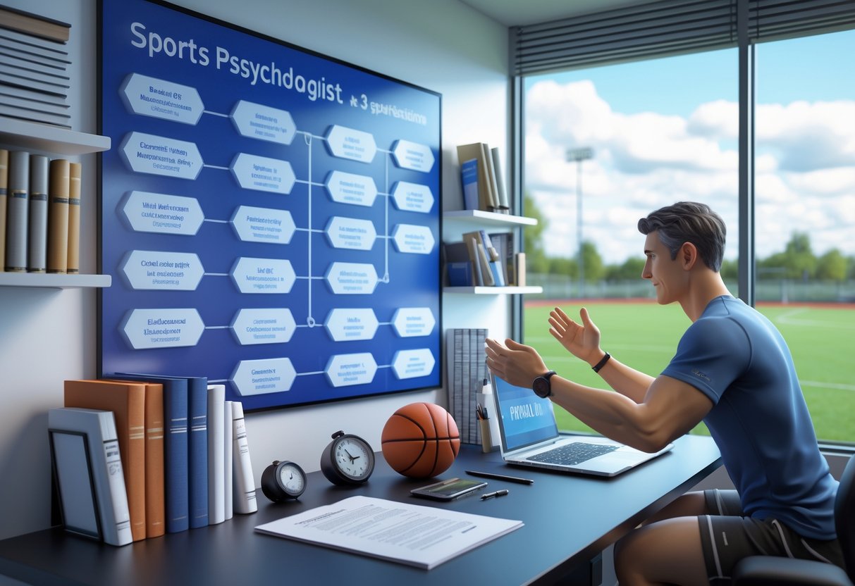A sports psychologist in an office with educational materials and certificates, coaching an athlete near sports equipment and a sports field visible outside.