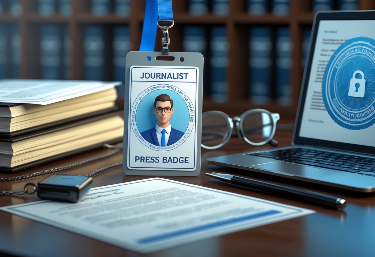 A journalist's press badge on a desk surrounded by legal documents, glasses, and a laptop in an office setting.