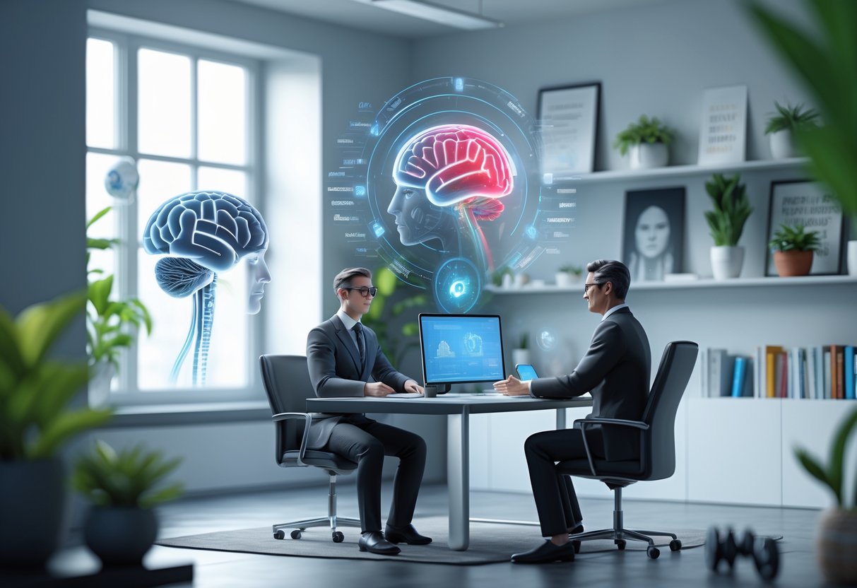 A professional sitting at a desk using digital tools to support diverse clients in a modern office setting focused on mental wellness and performance.