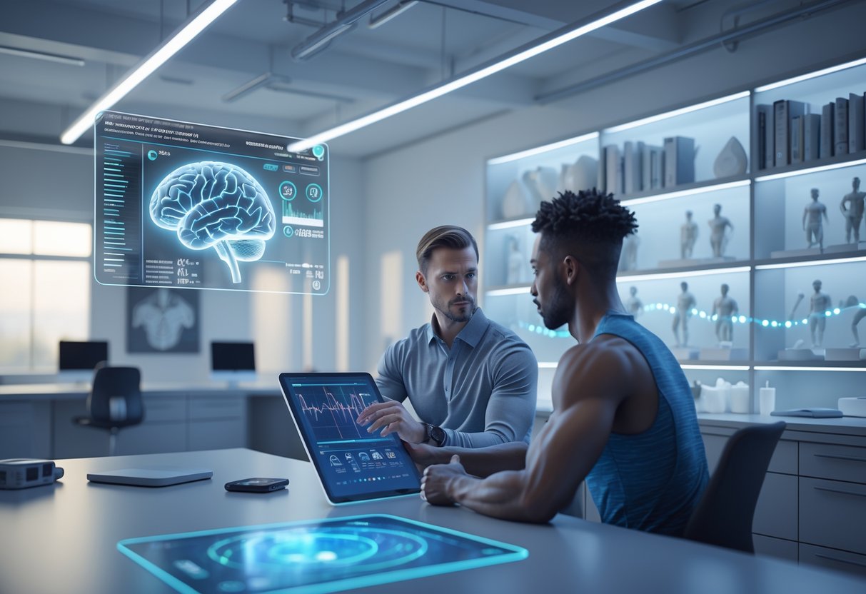 A sports psychologist and an athlete in a modern research lab discussing performance data with digital displays and scientific equipment around them.