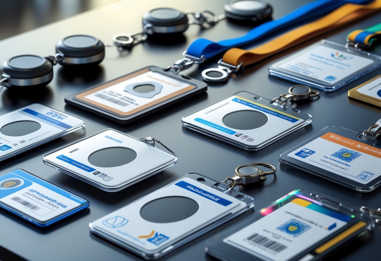 A collection of journalist credentials and press accreditation badges with lanyards and clips arranged on a reflective surface.