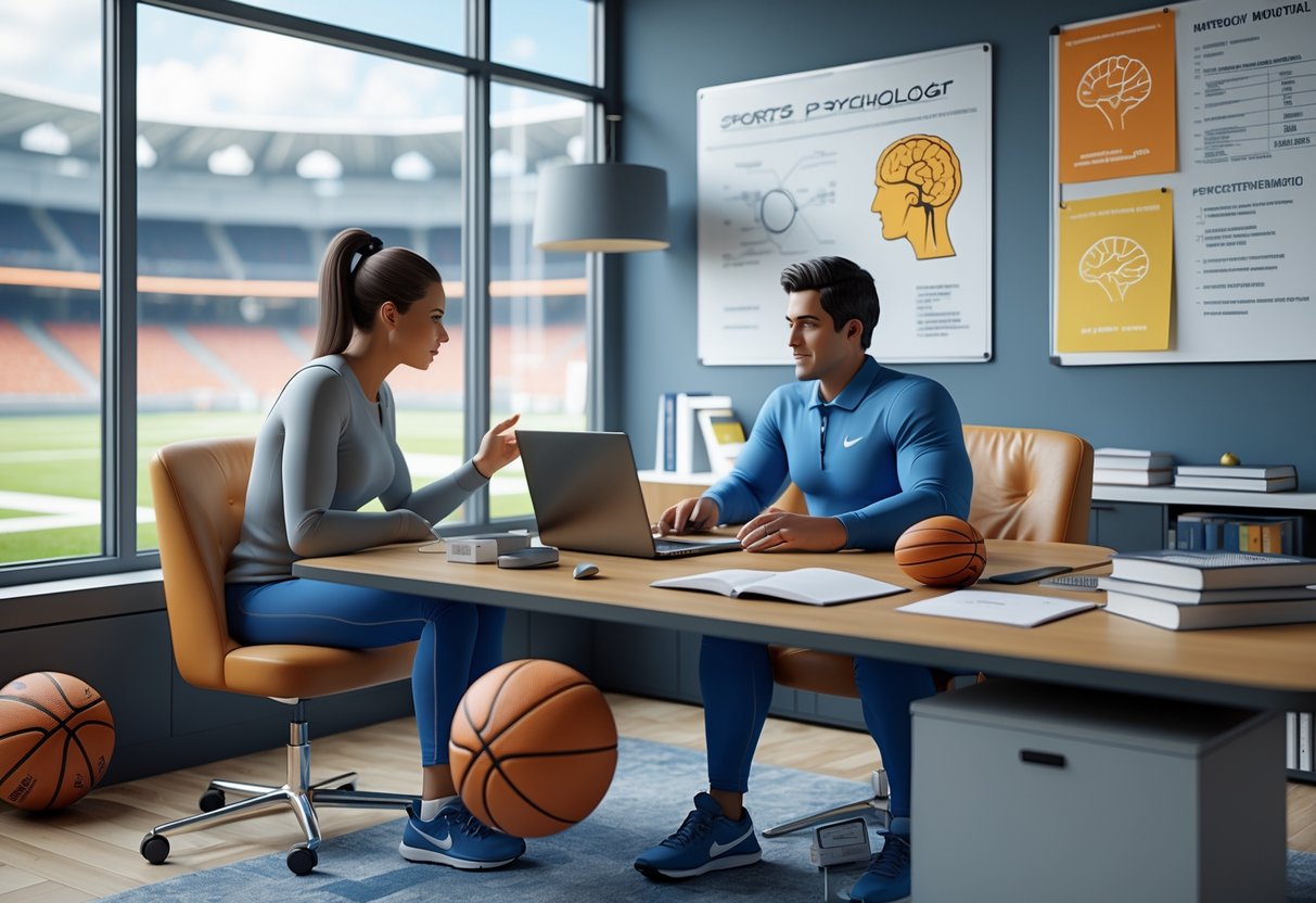 A sports psychologist talking with an athlete in a bright office with sports equipment and a view of a stadium outside.