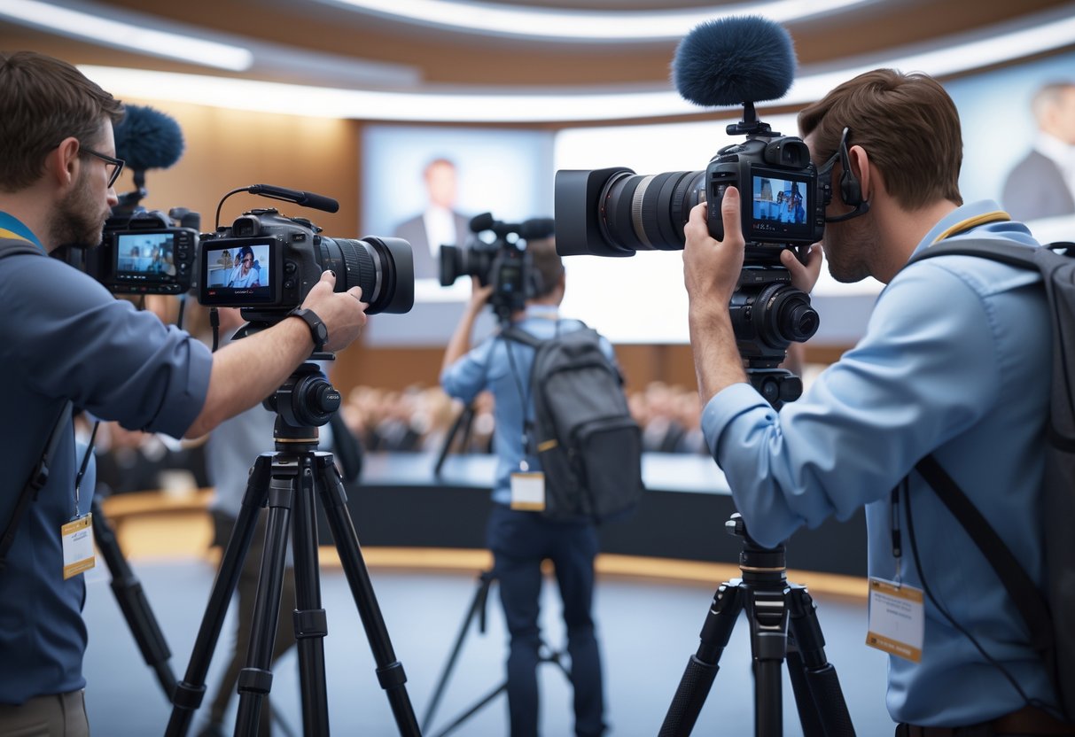 A group of photographers and videographers with cameras and equipment working at a press event inside a conference room.