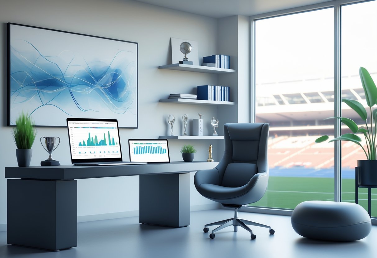 A sports psychologist's office with a desk, laptop, clipboard, tablet, ergonomic chair, bookshelves, and a window overlooking a sports stadium.