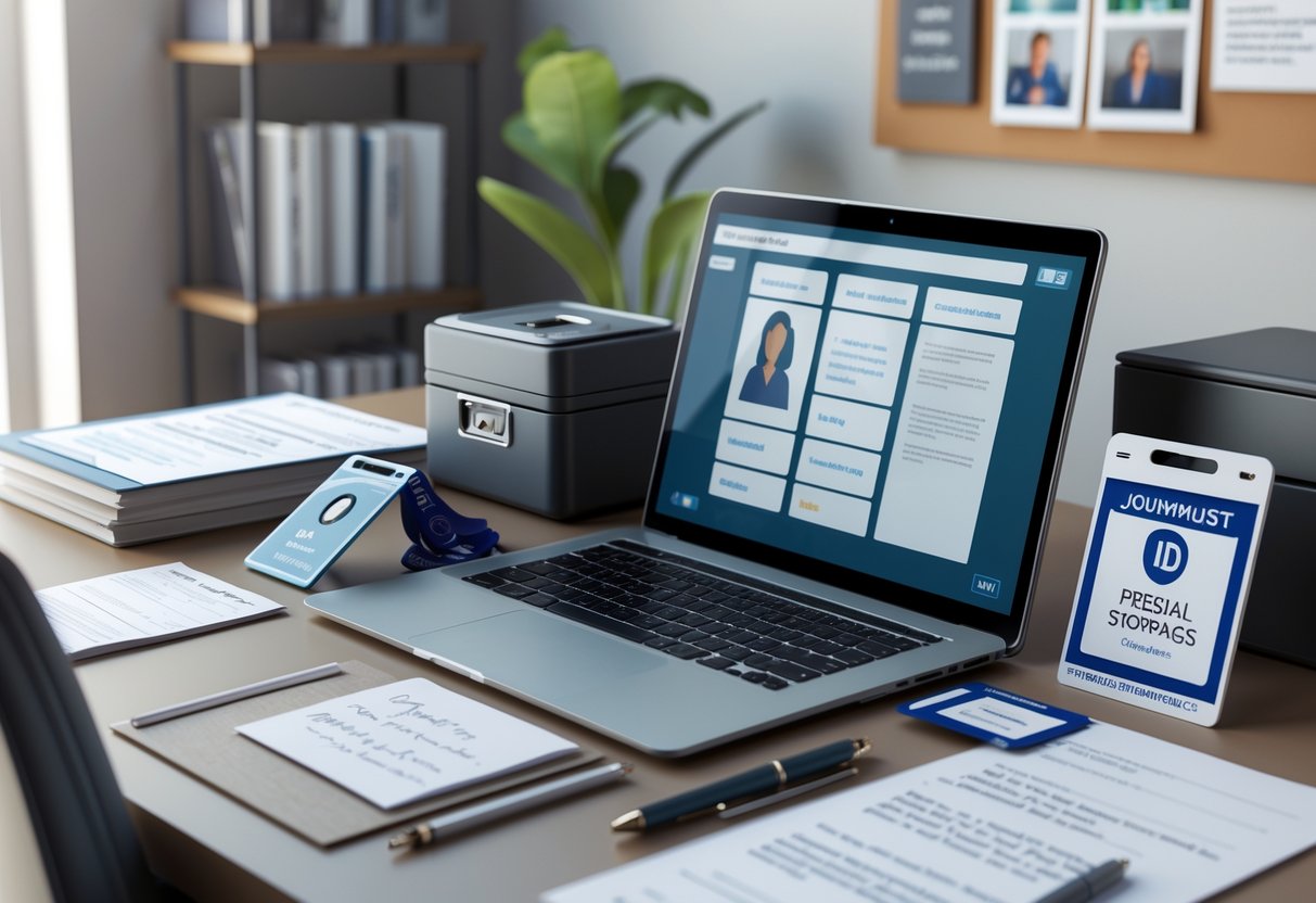 A tidy desk with journalist ID badges, a laptop showing a digital ID interface, documents, and a bulletin board with photos and notes in the background.