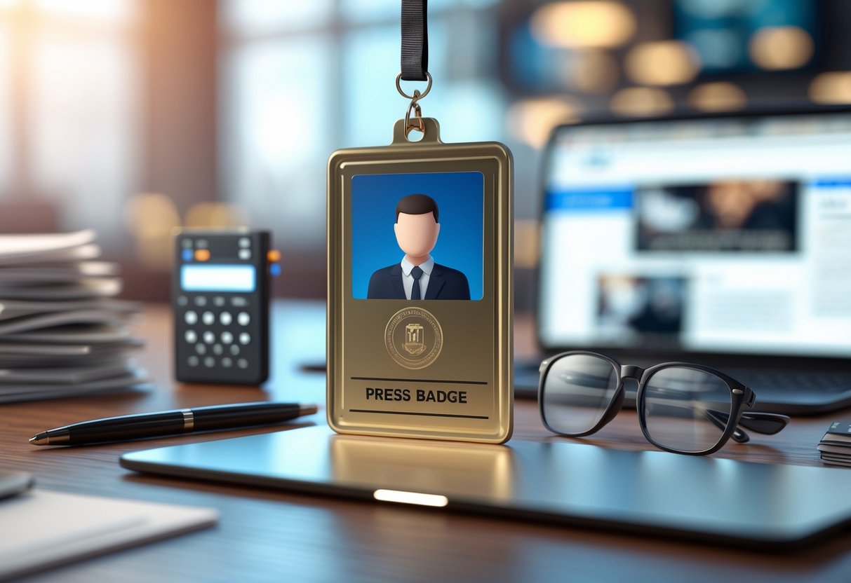 A 3D scene showing a journalist's desk with a press badge, ID card, notepad, pen, voice recorder, eyeglasses, and a laptop in a newsroom setting.