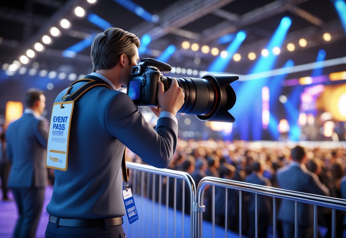 A photographer standing behind a barrier at an event, taking pictures of a live performance on stage with a crowd and stage lights in the background.