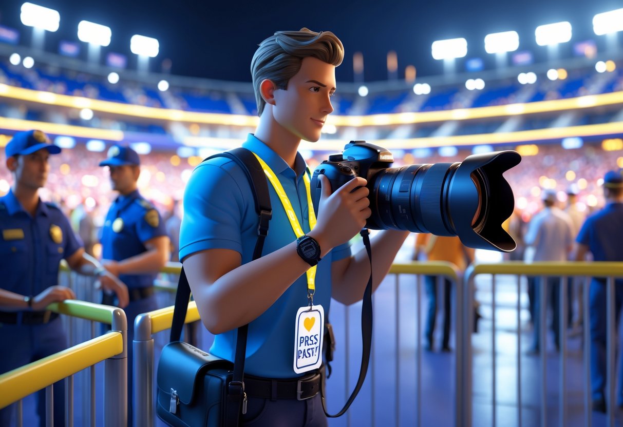 A photographer with a camera and a press pass at a crowded event, standing behind a barrier with security staff nearby.