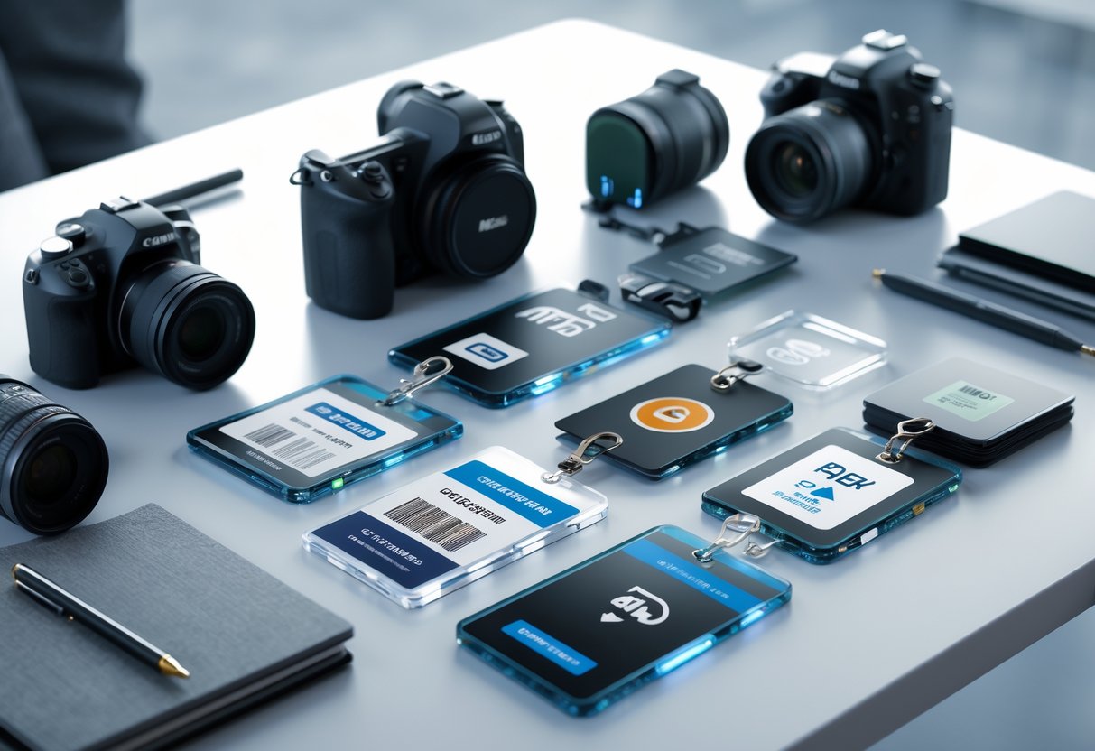 A collection of various press photographer badges and passes displayed on a table alongside professional camera equipment in a newsroom setting.