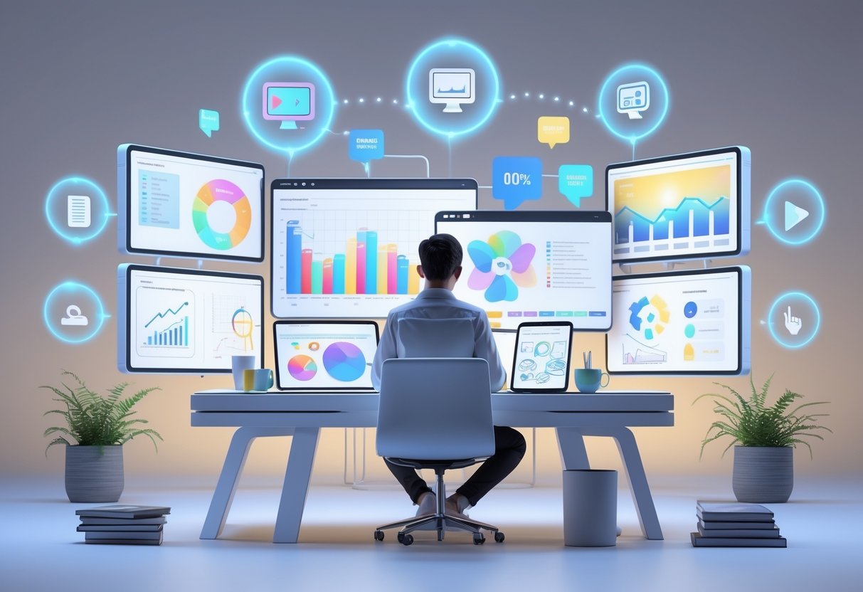 A person sitting at a desk surrounded by digital screens and holographic icons representing different creative content areas, appearing focused and thoughtful in a modern workspace.