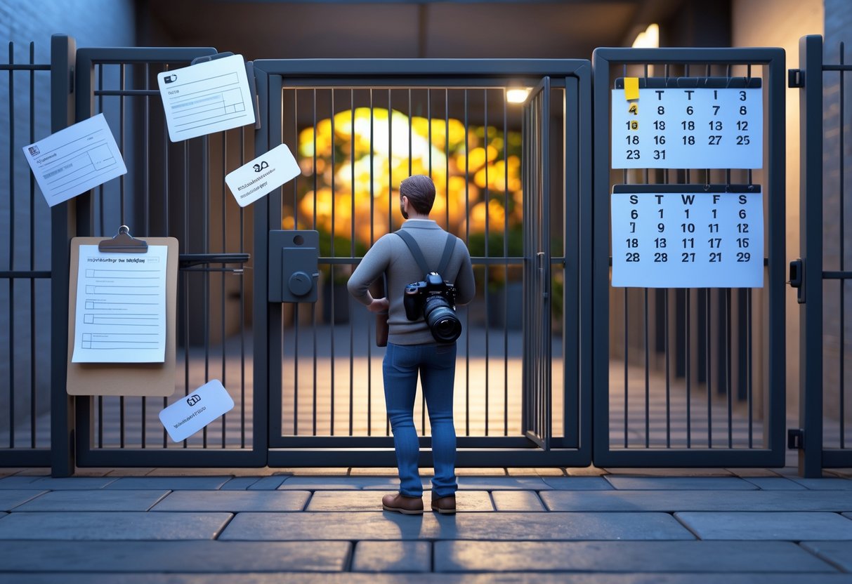 A freelance photographer stands outside a locked gate looking at a vibrant event behind it, with symbols of permission forms, a smartphone, and a calendar around them.