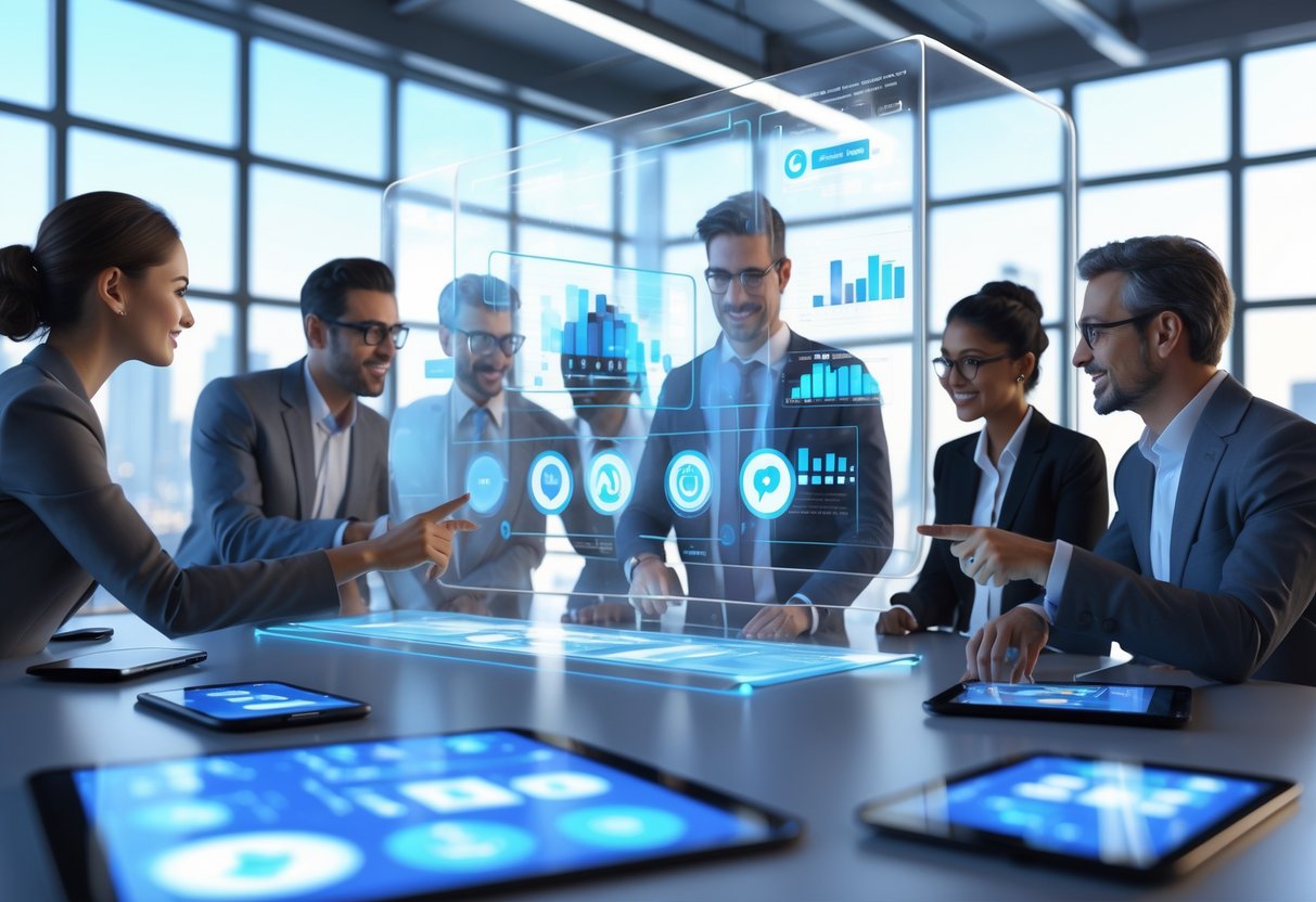 A group of people working together around a desk with floating digital screens showing social media icons and data in a bright office.