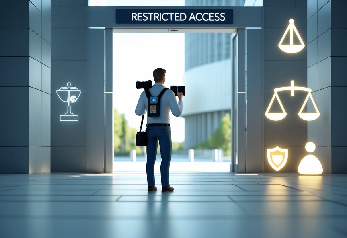A photographer holding a camera and access badge stands at the entrance of a modern building with symbols of justice and privacy nearby.