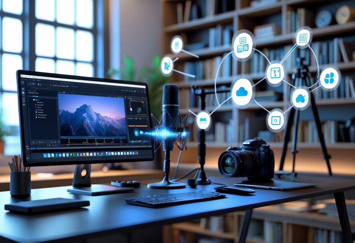 A modern workspace with a computer, laptop, microphone, camera, and floating icons representing digital tools and resources for content creation.